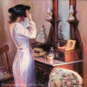The New Hat inspirational 1940s nostalgia oil painting of young woman in dress and blue hat inf front of mirror and dressing table by Steve Henderson