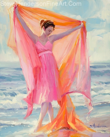Grace inspirational original oil painting of dancing woman in pink dress on ocean beach by Steve Henderson; licensed prints at Framed Canvas Art and Amazon.com