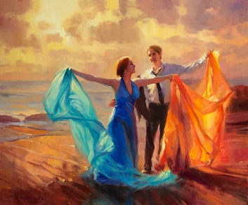 Evening Waltz inspirational original oil painting of young couple dancing on ocean beach by Steve Henderson licensed prints at Framed Canvas Art and amazon.com