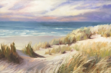 Sea Breeze inspirational original oil painting of coastal beach scene by ocean with meadow grass and sunset